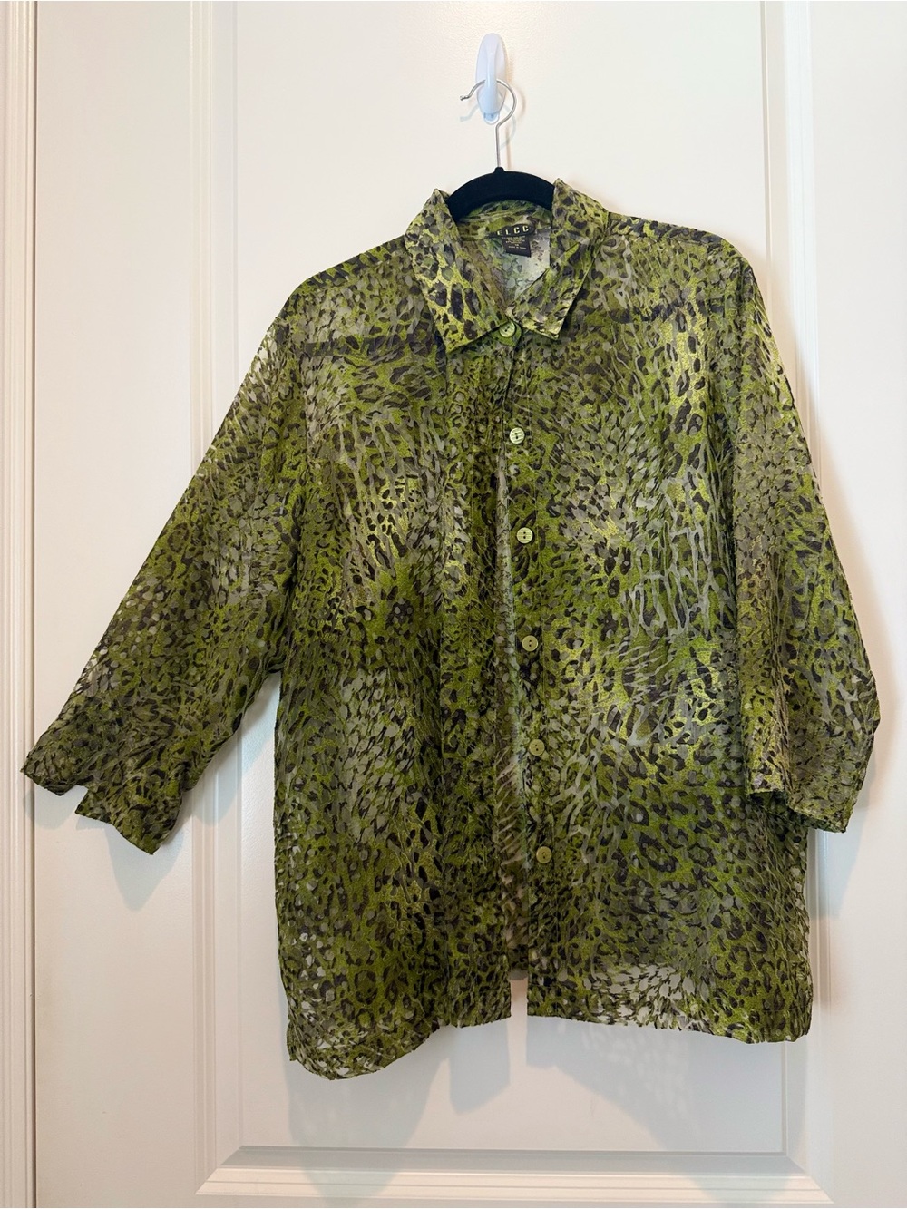 Burnout Sheer Olive Green Animal-Print Button-Up Shirt Jacket - Size 1X
